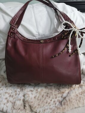 Genuine Leather Shoulder Bag Burgundy Croc Trim Vintage USA